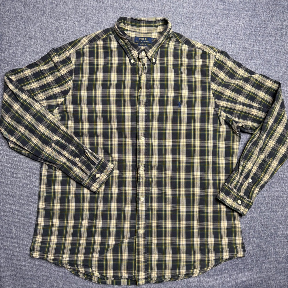 Polo Ralph Lauren Mens XXL Classic Fit Plaid Button Down Shirt Navy Green Yellow